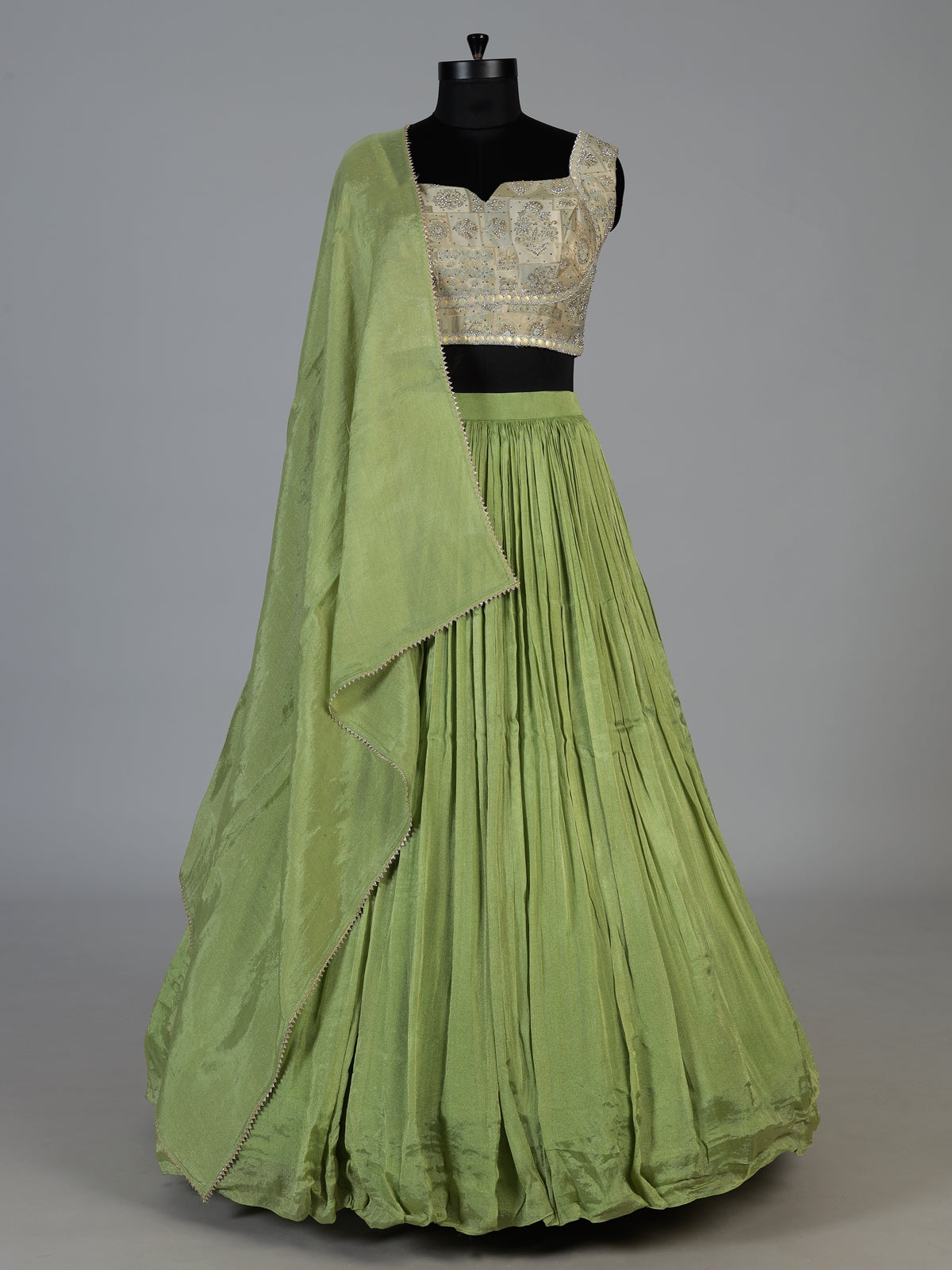 Pista green micro pleated crepe silk festive lehenga choli