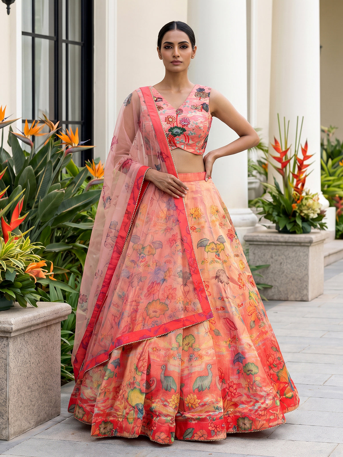 Peach heritage landscape georgette silk bridal lehenga style