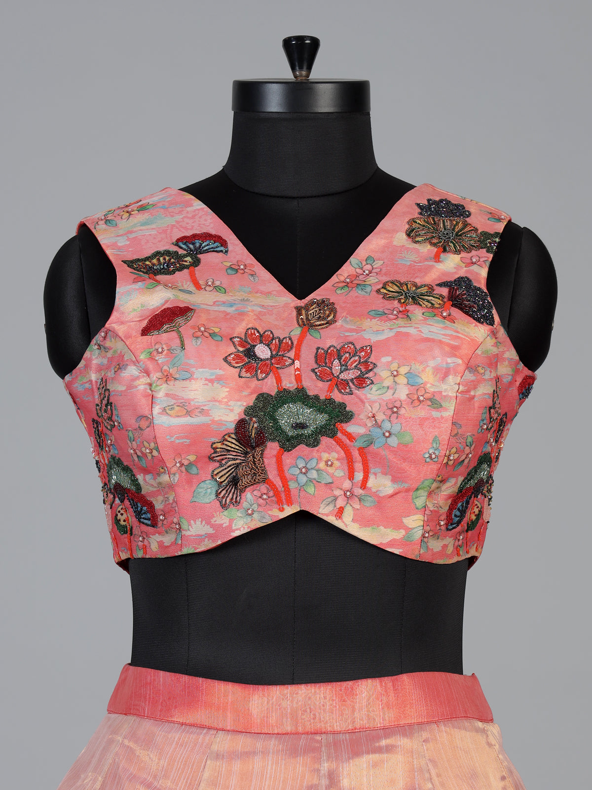 Peach heritage landscape georgette silk bridal lehenga style