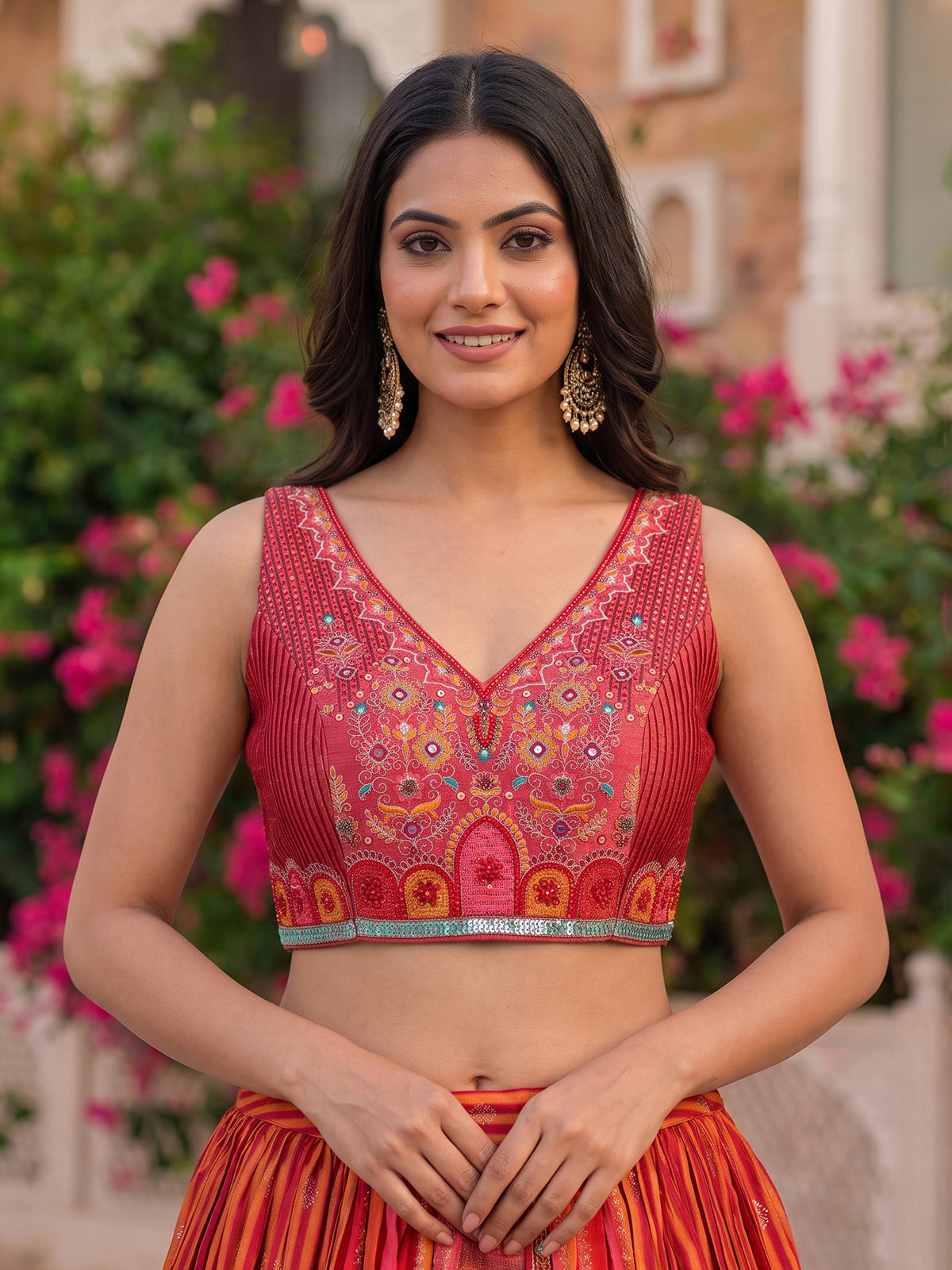 Red cotton silk heritage striped festive lehenga with regal motifs