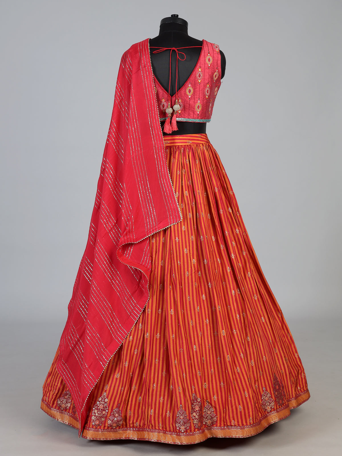 Red cotton silk heritage striped festive lehenga with regal motifs