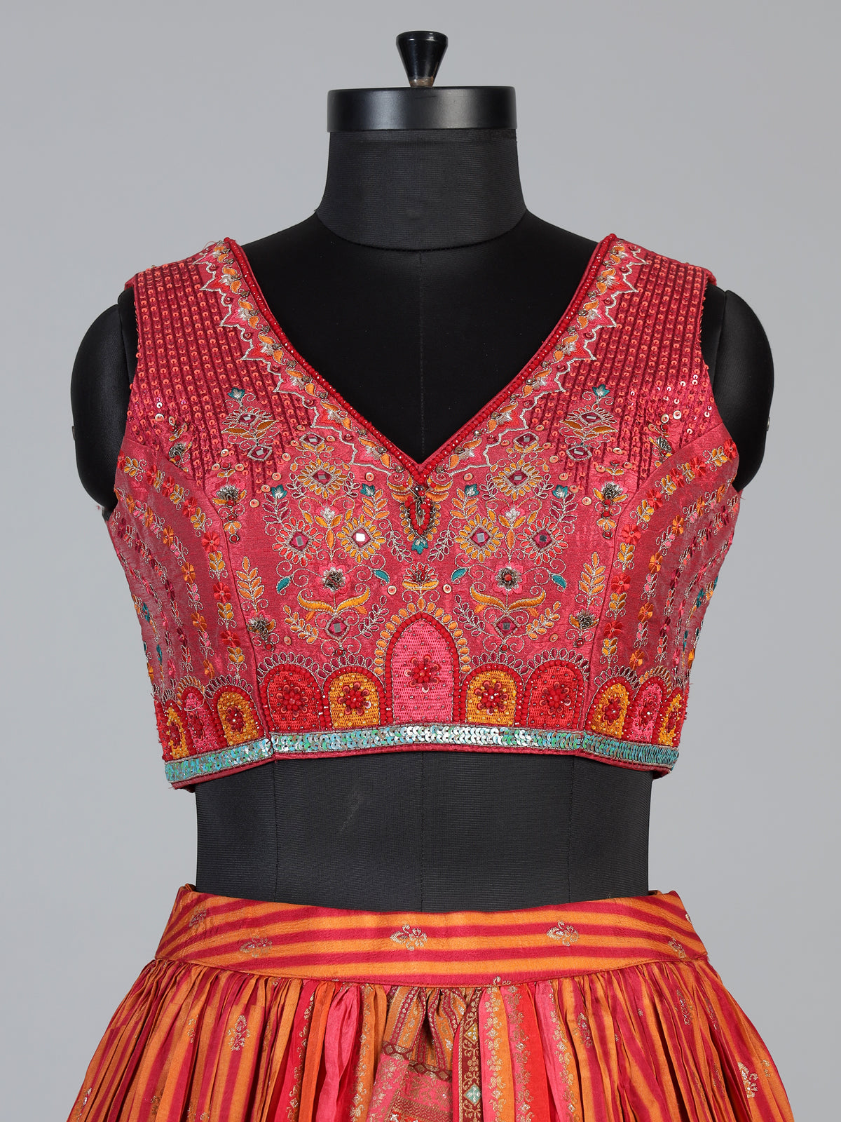Red cotton silk heritage striped festive lehenga with regal motifs