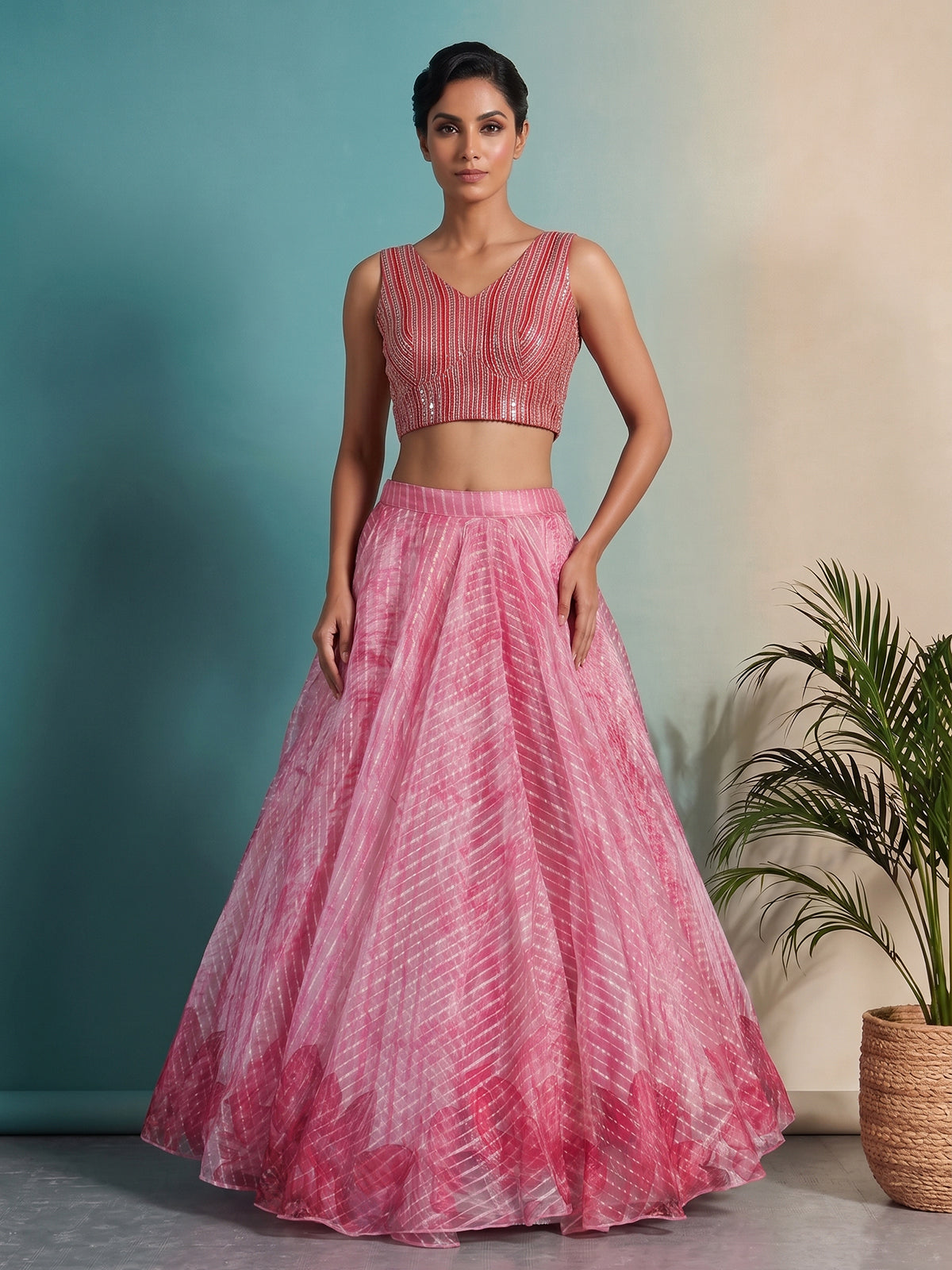 Pink printed georgette festive lehenga statement