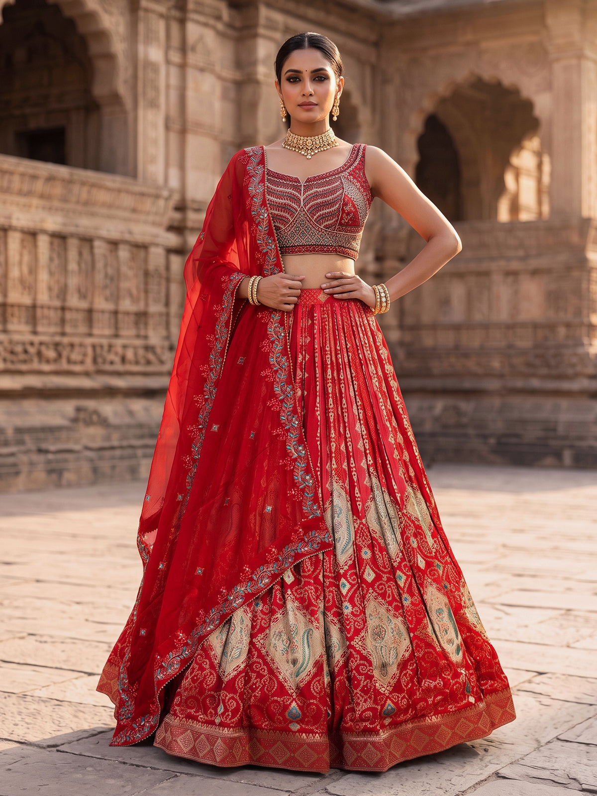 Red embroidered georgette silk celebration lehenga