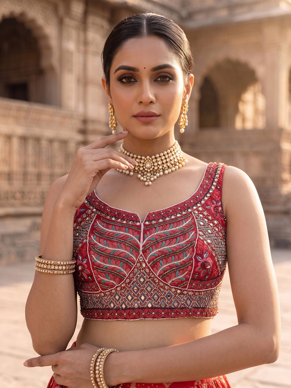 Red embroidered georgette silk celebration lehenga