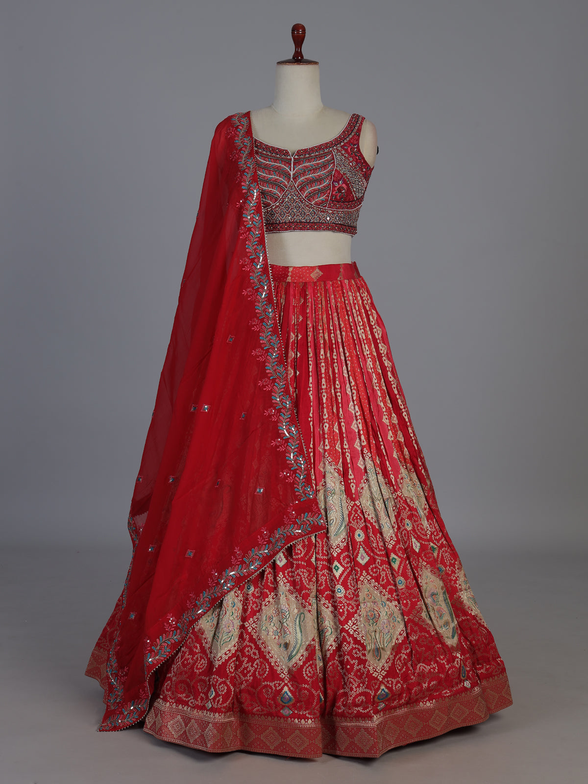 Red embroidered georgette silk celebration lehenga