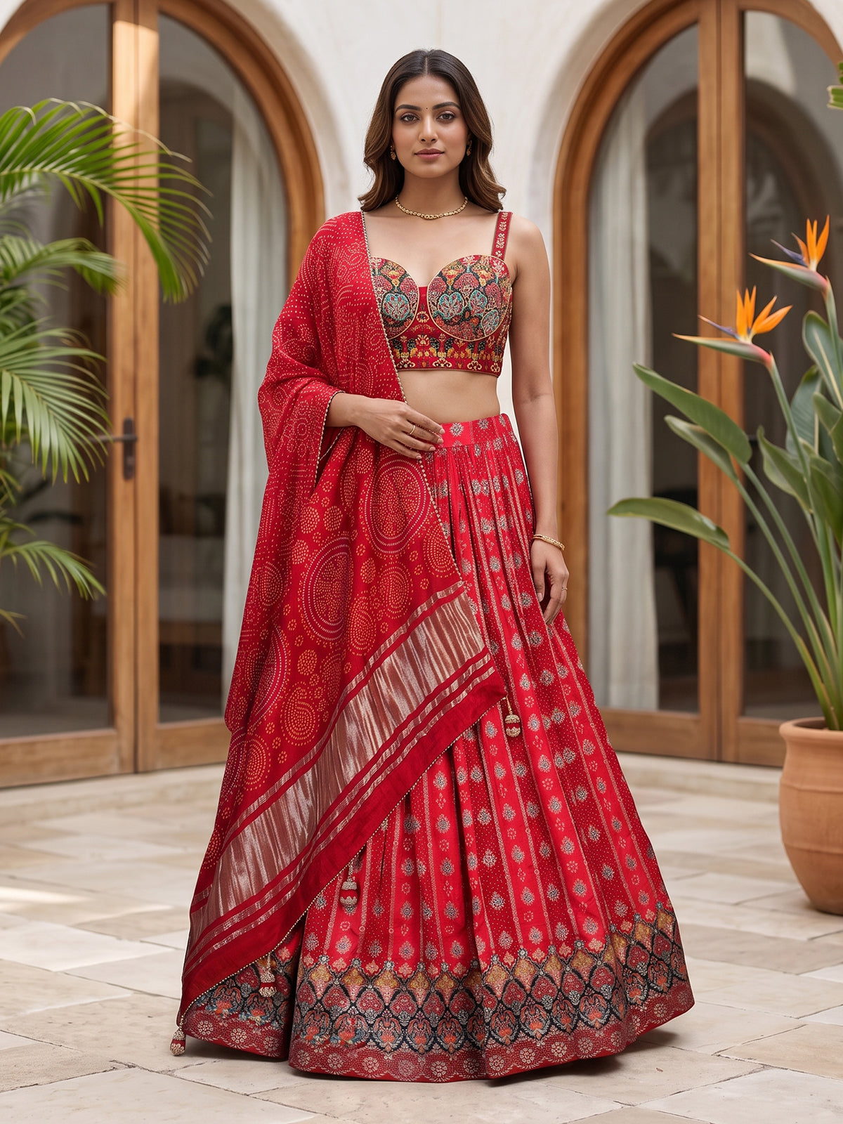 Red Bandhani silk heritage festive lehenga attire