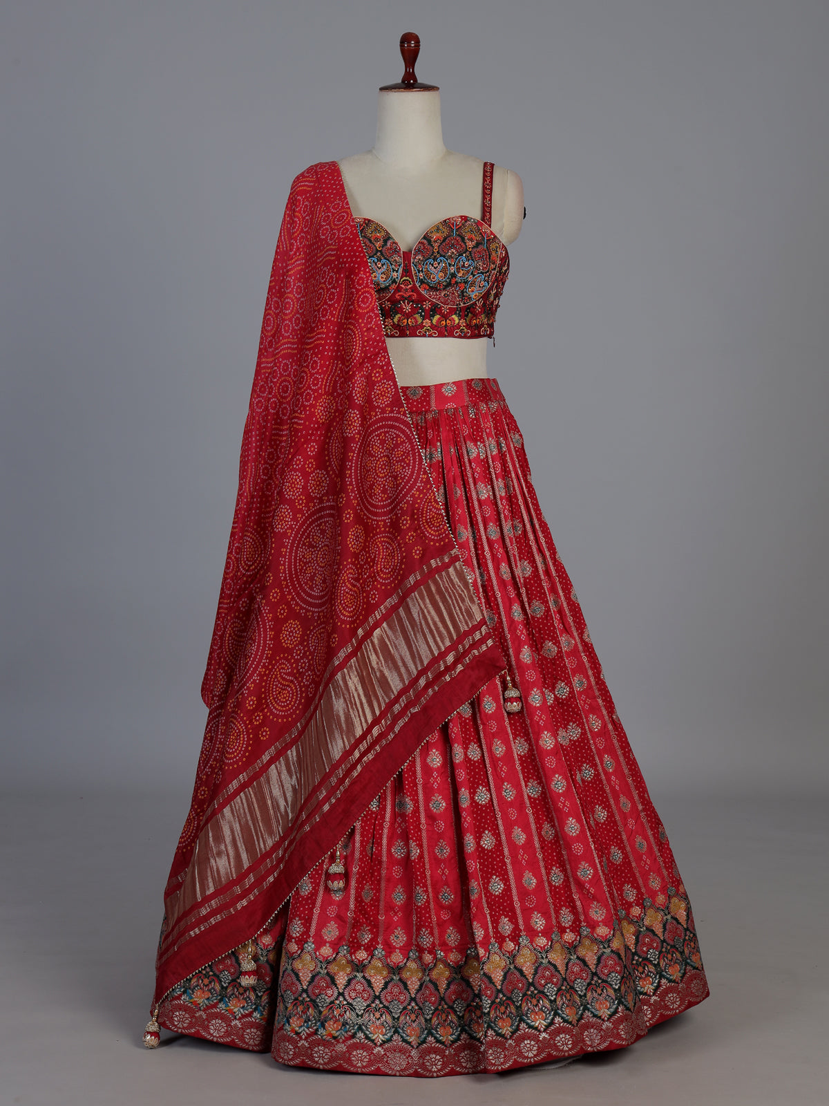 Red Bandhani silk heritage festive lehenga attire