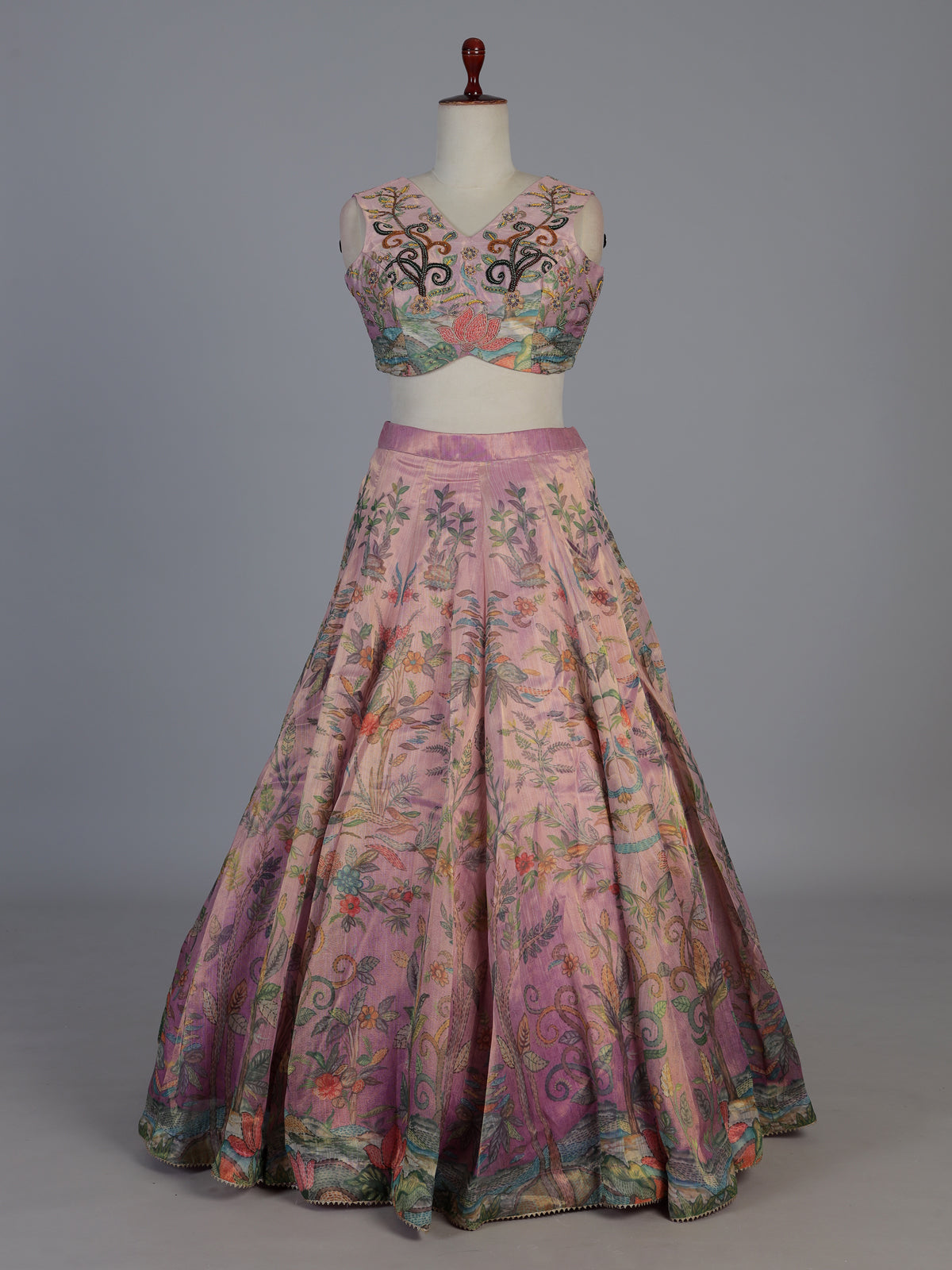Pink floral printed georgette silk wedding ensemble lehenga choli for women