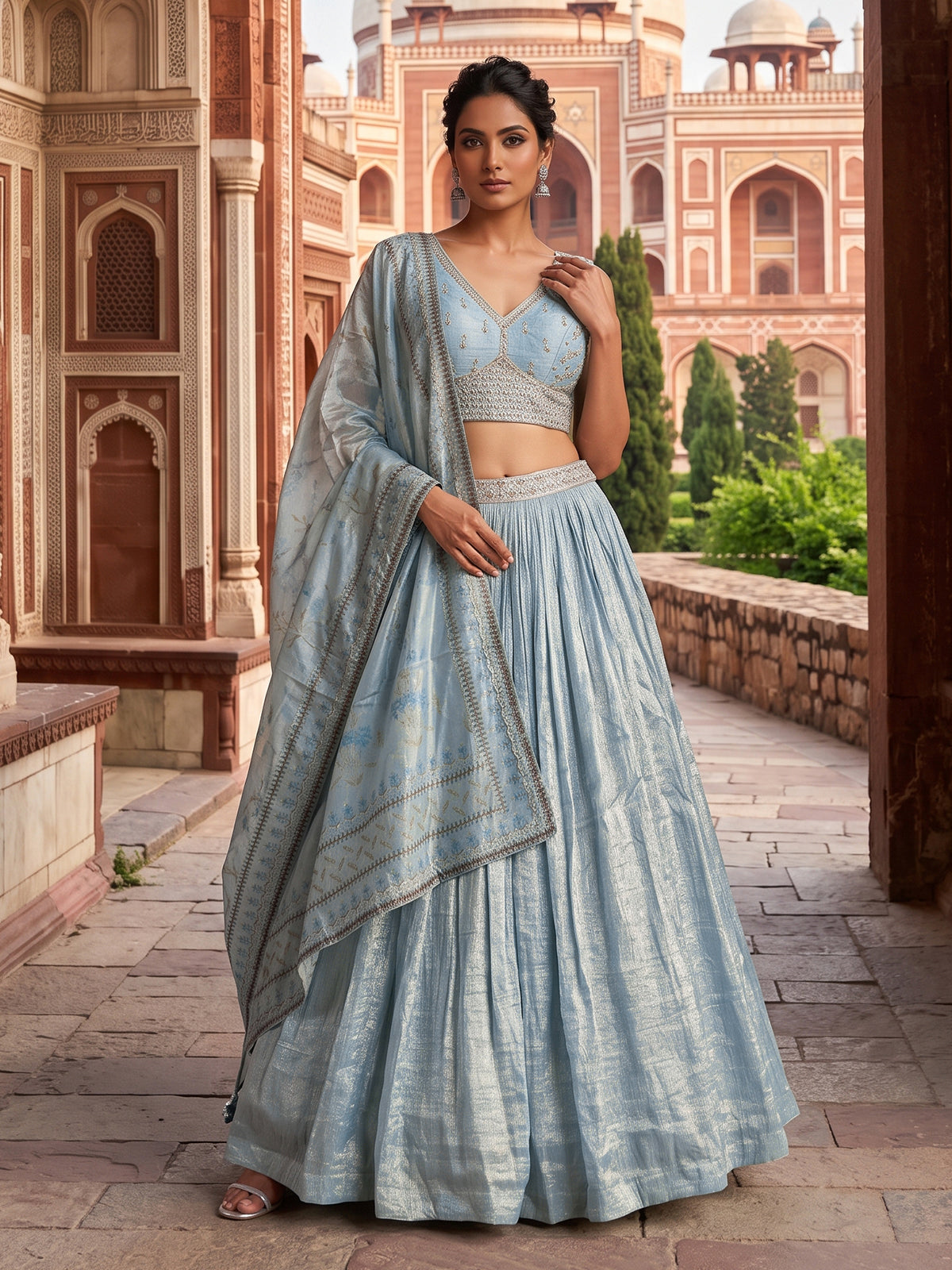 Sky blue tissue silk shimmer celebration lehenga