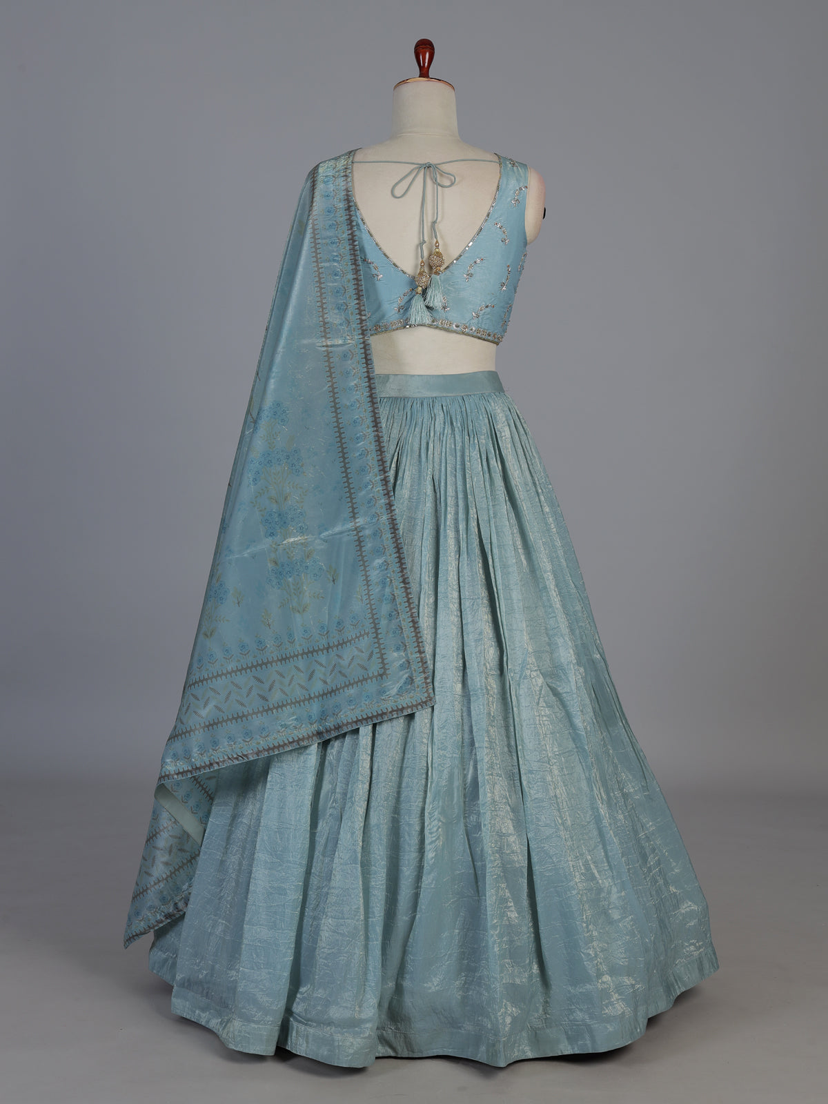 Sky blue tissue silk shimmer celebration lehenga