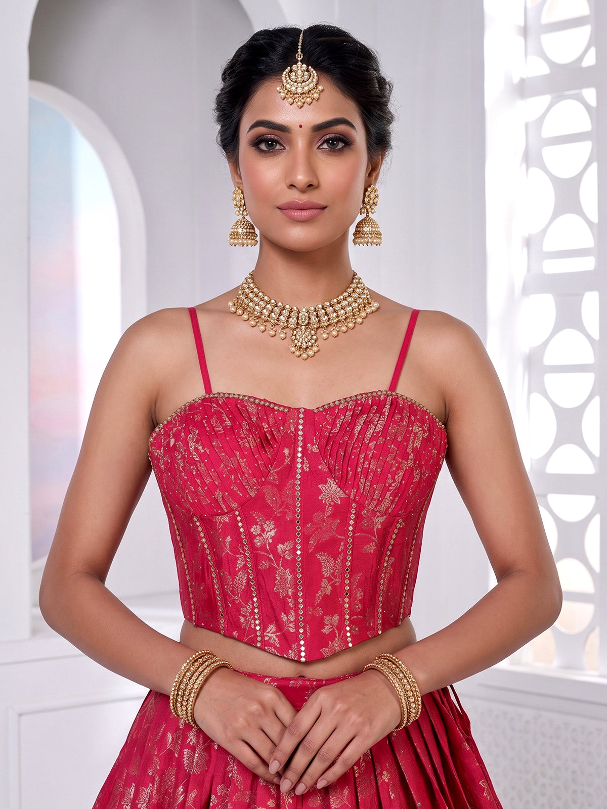 Rani pink corset style cotton silk festive lehenga choli ensemble