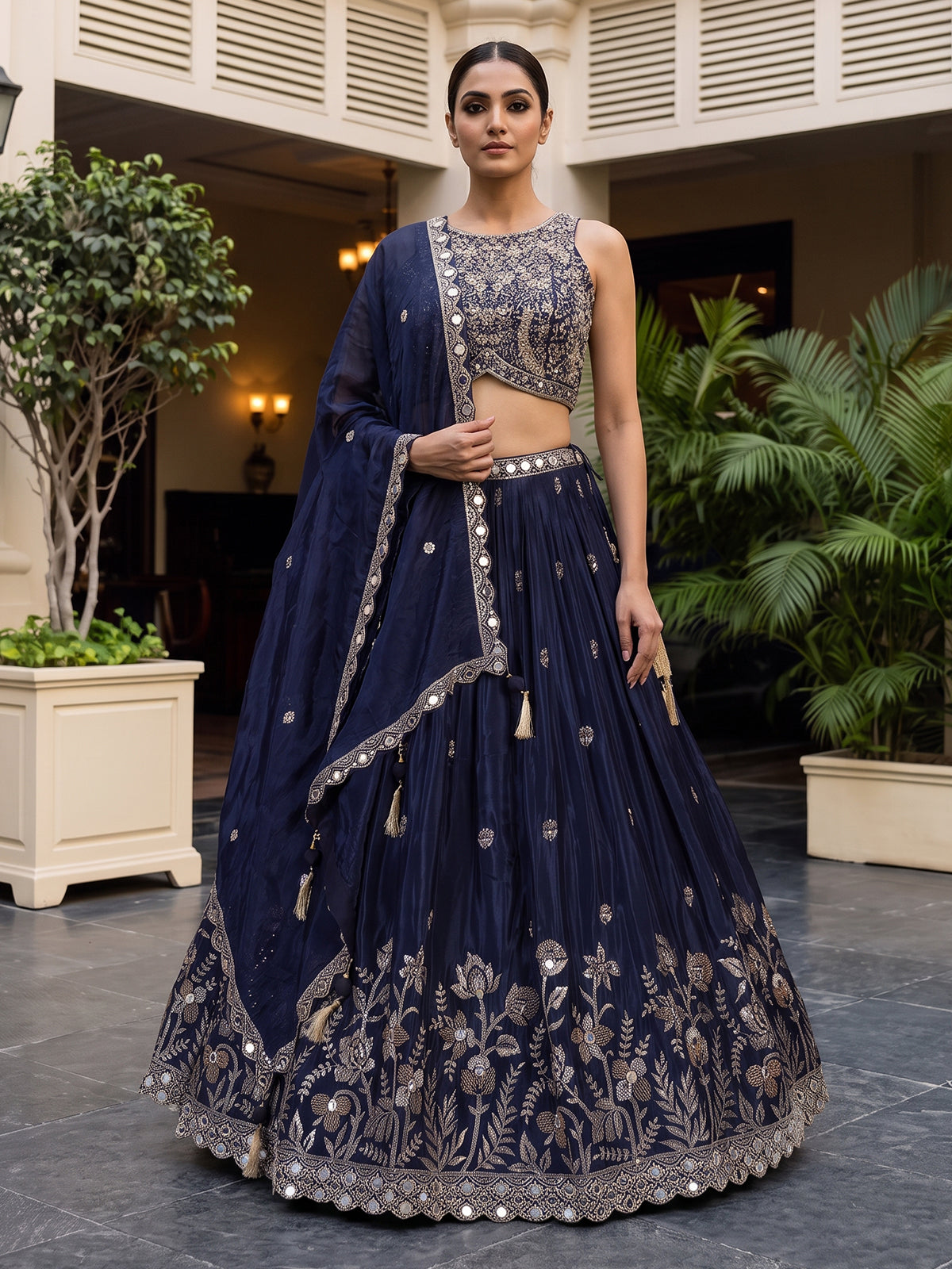 Navy blue embellished silk wedding lehenga choli creation