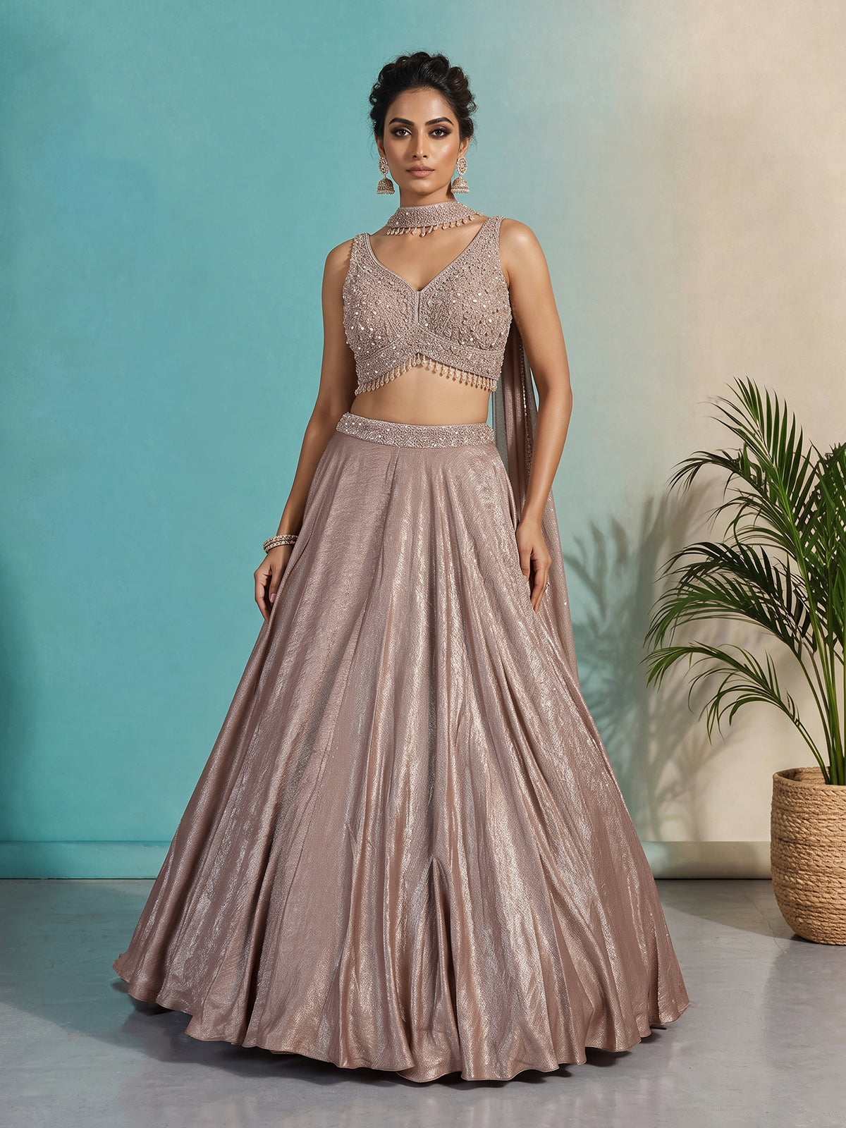 Onion pink tissue silk party wear lehenga choli look