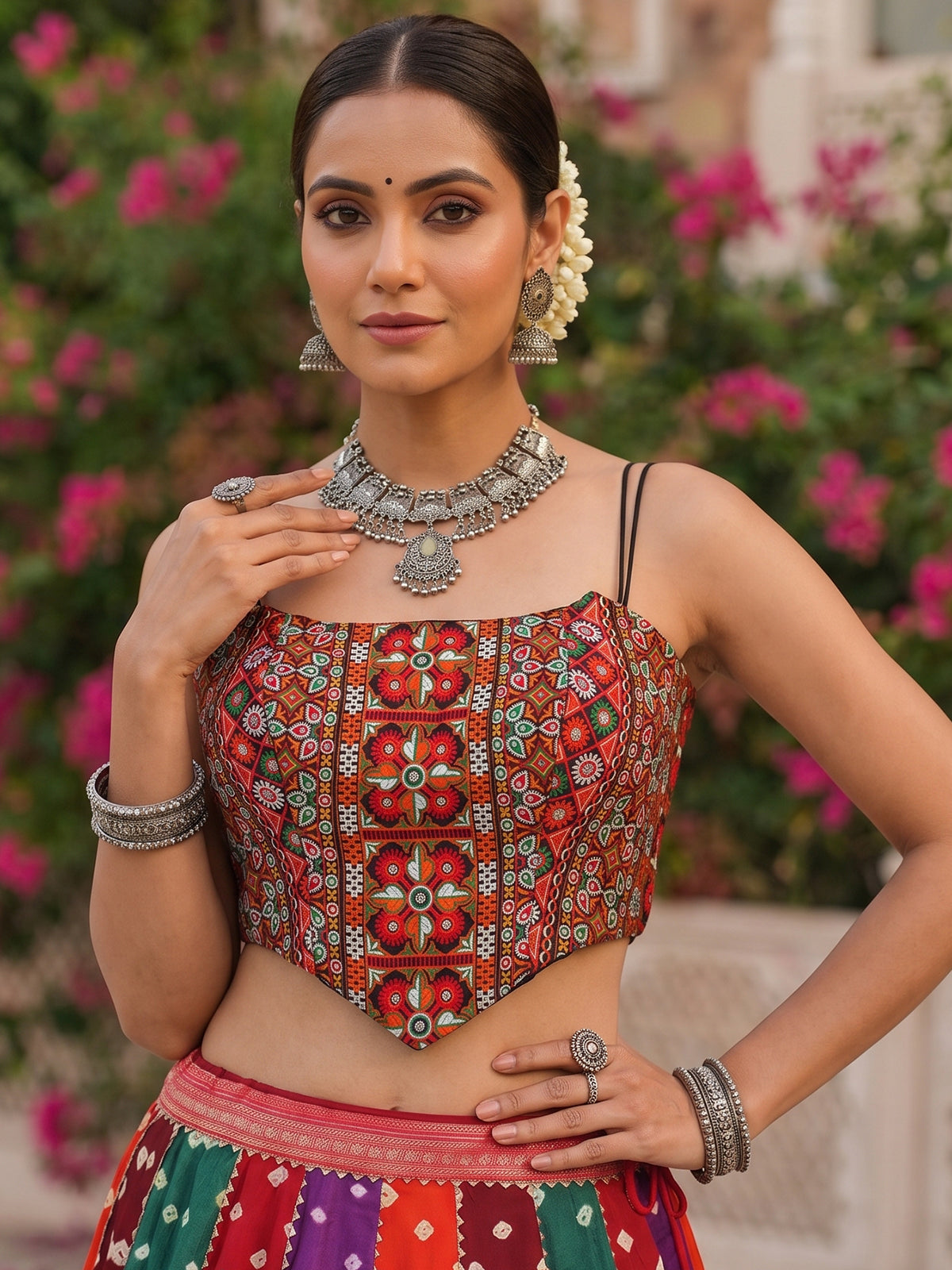 Multi colour printed navratri cotton silk fusion attire lehenga choli