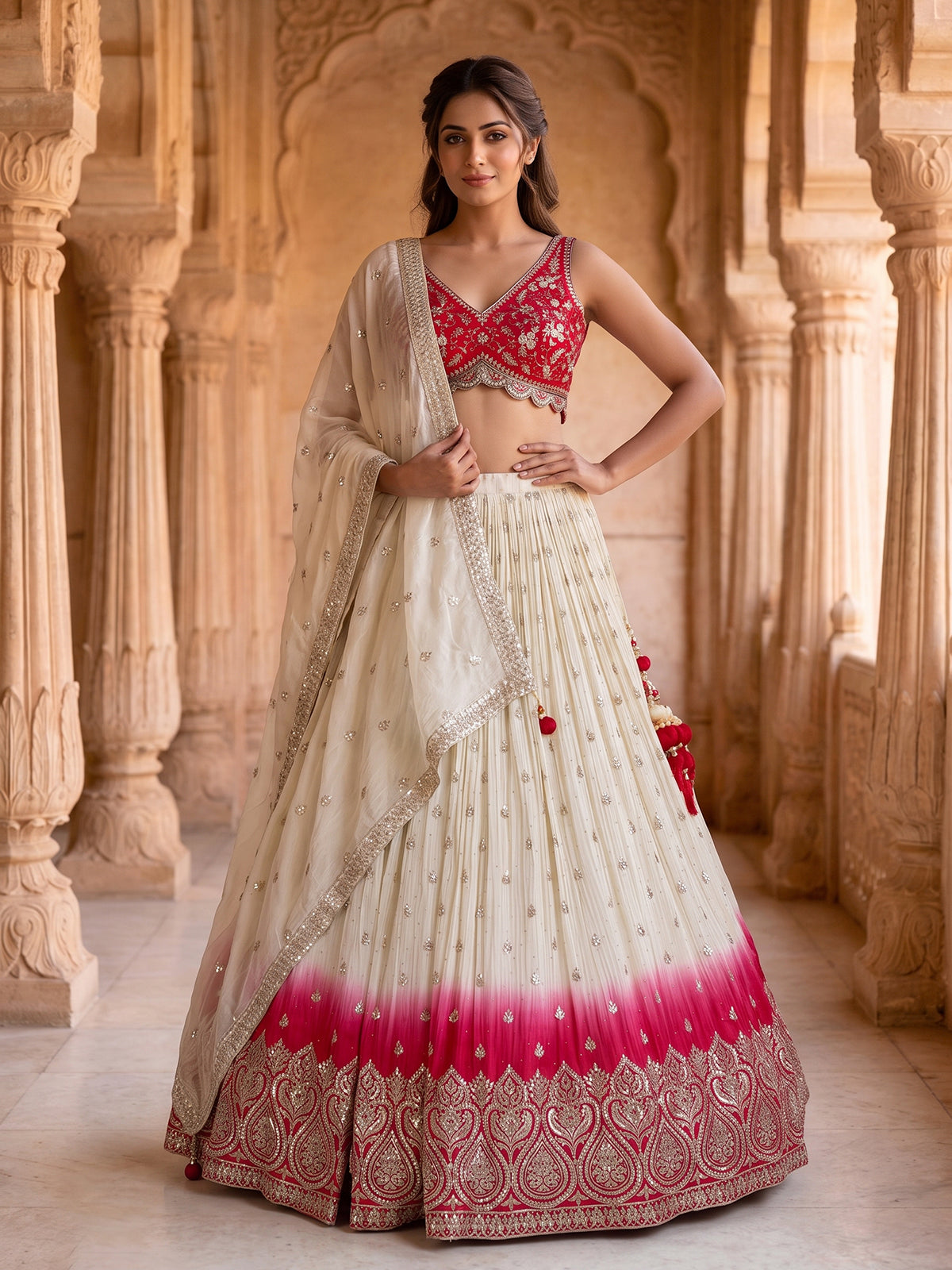 Rani pink ombre sheen silk wedding lehenga choli ensemble