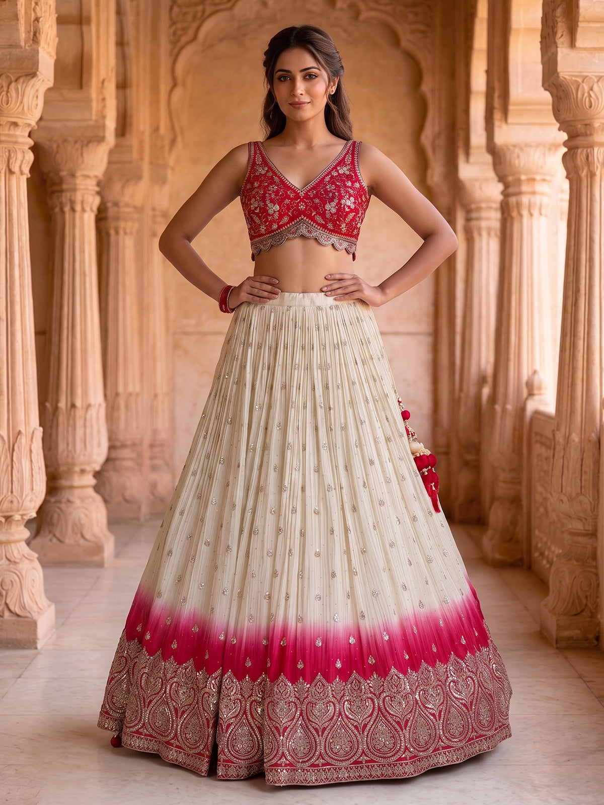 Rani pink ombre sheen silk wedding lehenga choli ensemble