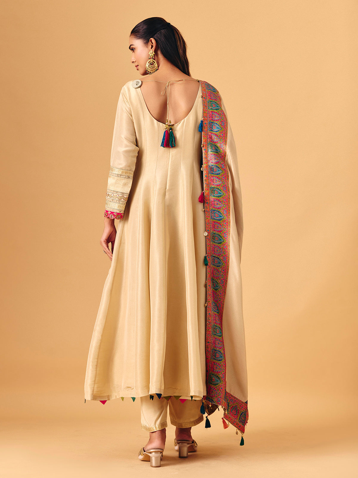 Beige tissue silk anarkali suit with dupatta for women
