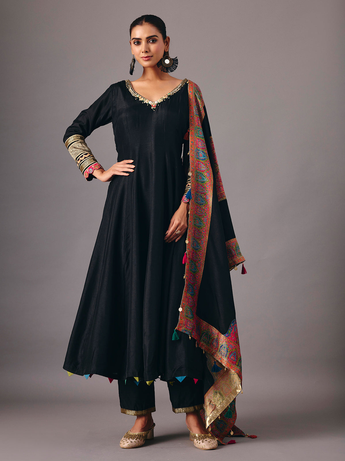 Black tissue silk anarkali suit with dupatta for women