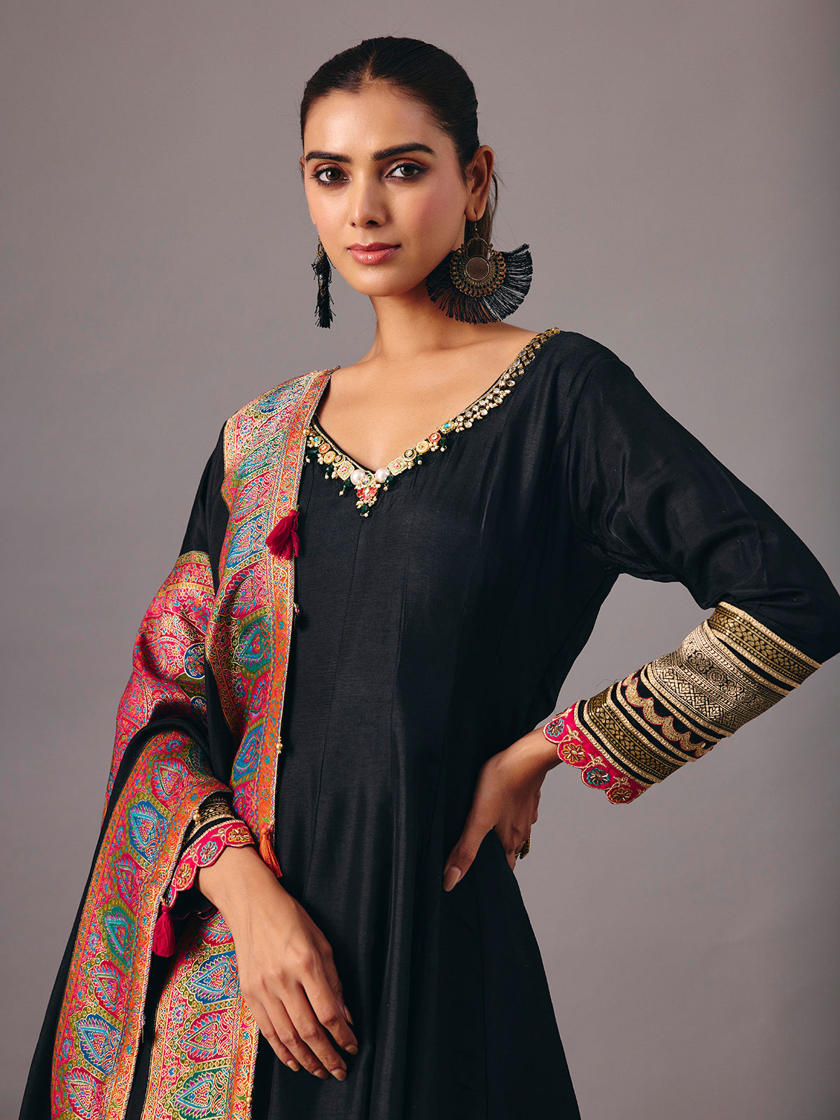 Black tissue silk anarkali suit with dupatta for women