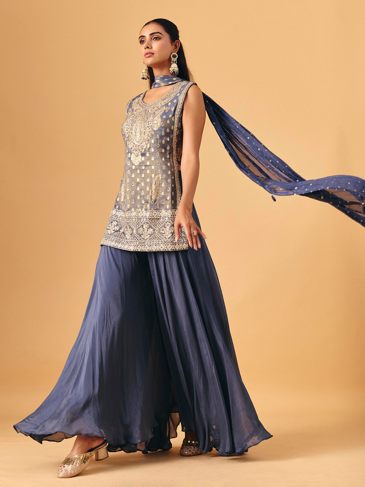 Grey chiffon georgette palazzo suit with zari embellishments for women
