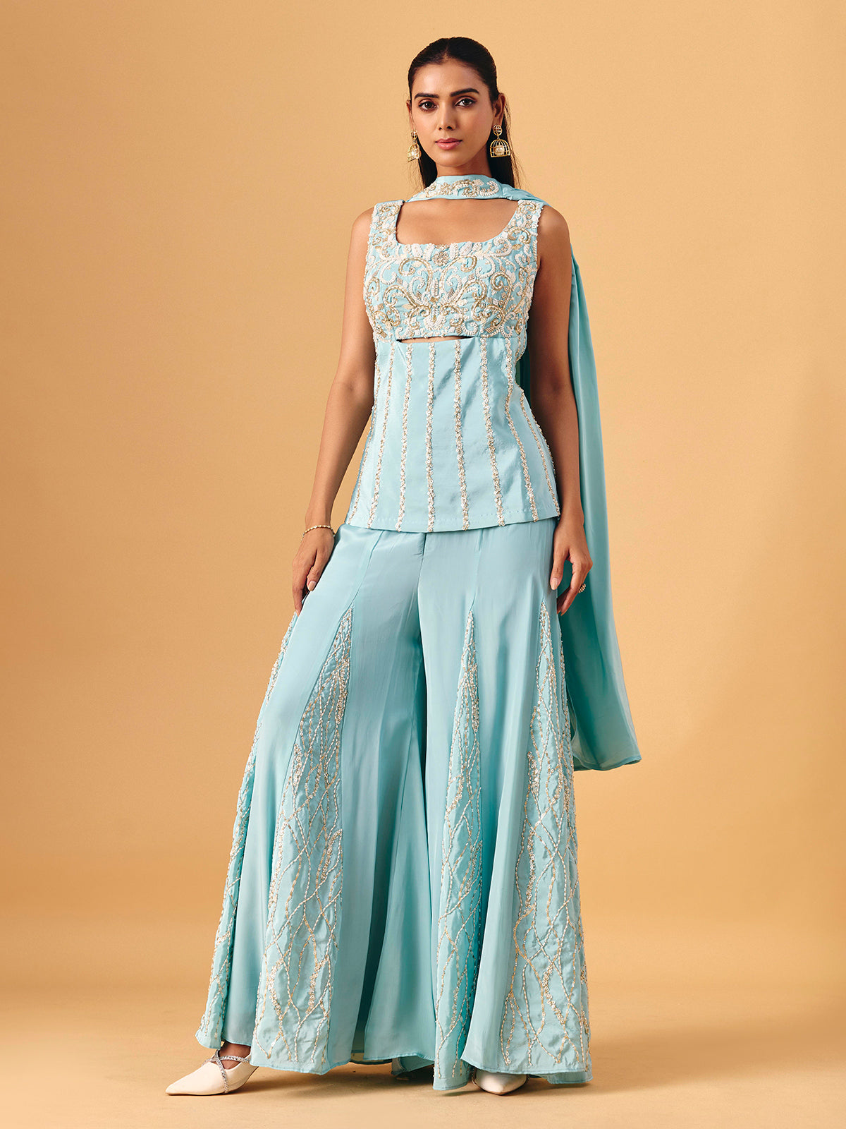 Sky blue chinon silk palazzo suit with sequin accents for women