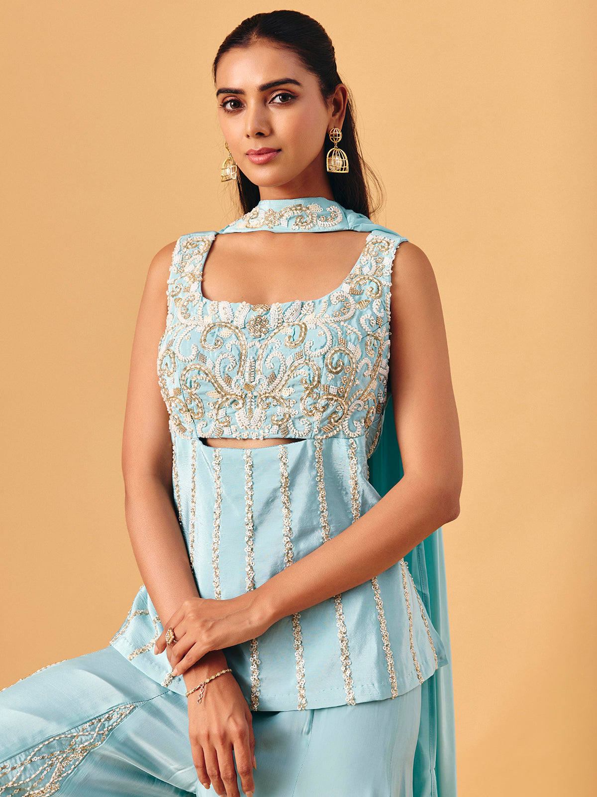 Sky blue chinon silk palazzo suit with sequin accents for women