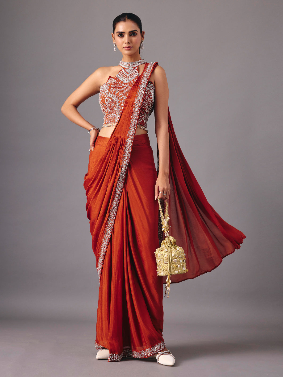 Rust orange ready to wear saree with embellished halter blouse for women