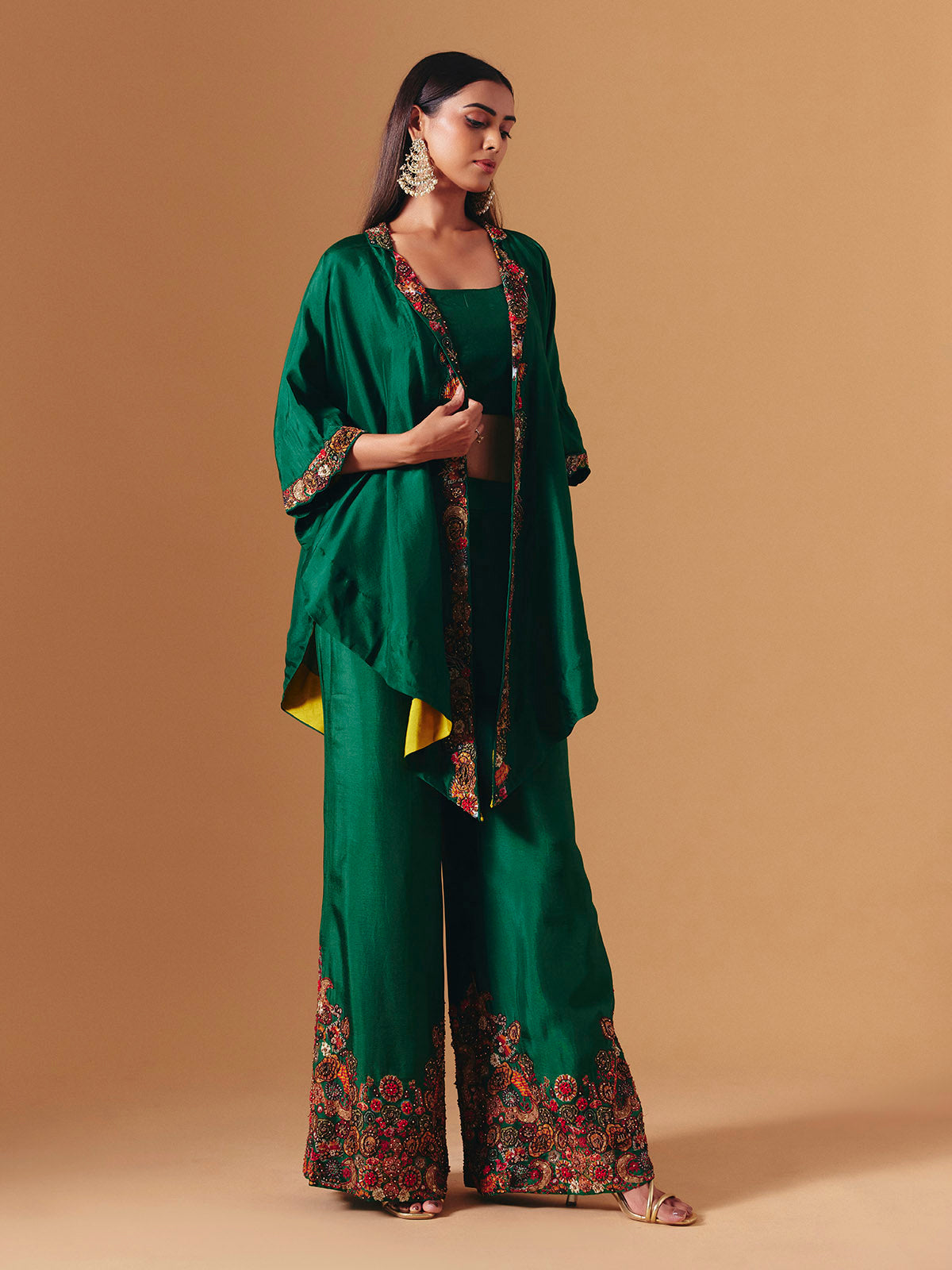 Green silk designer floral palazzo suit for women
