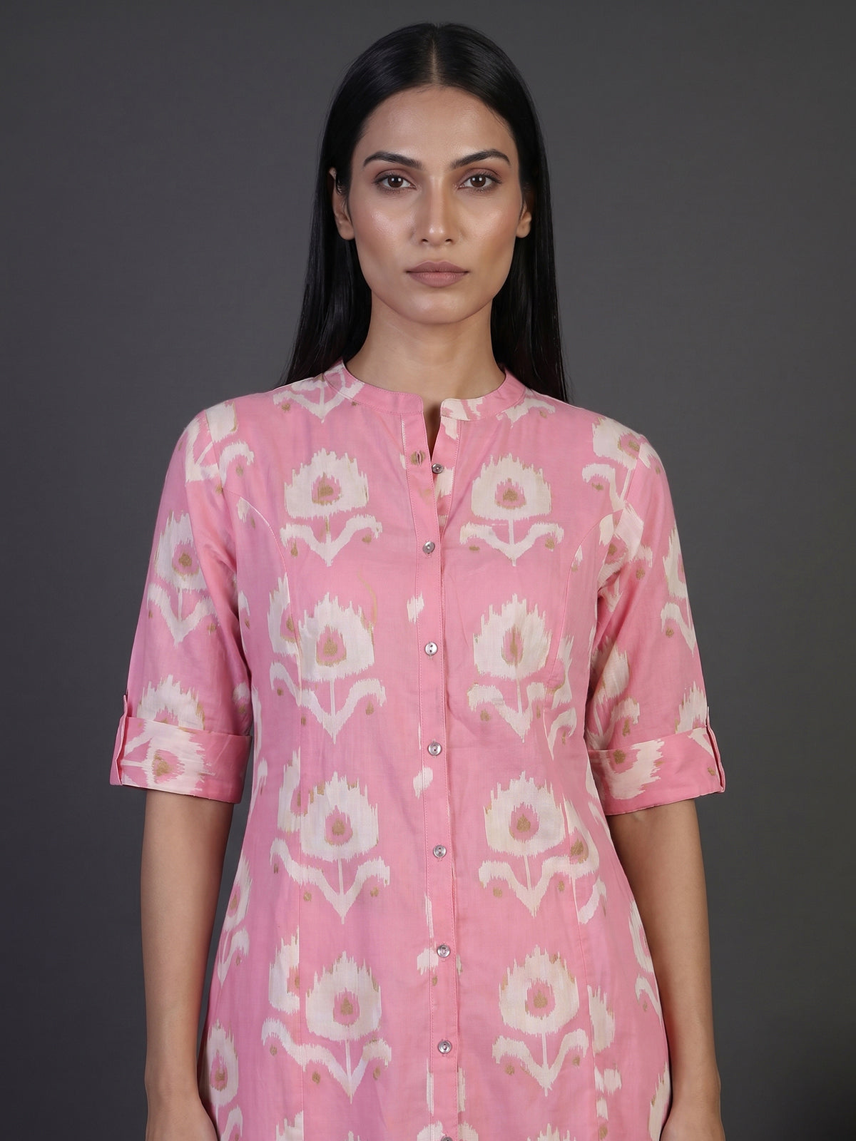 Light pink cotton silk printed casual stand collar elbow sleeve kurti