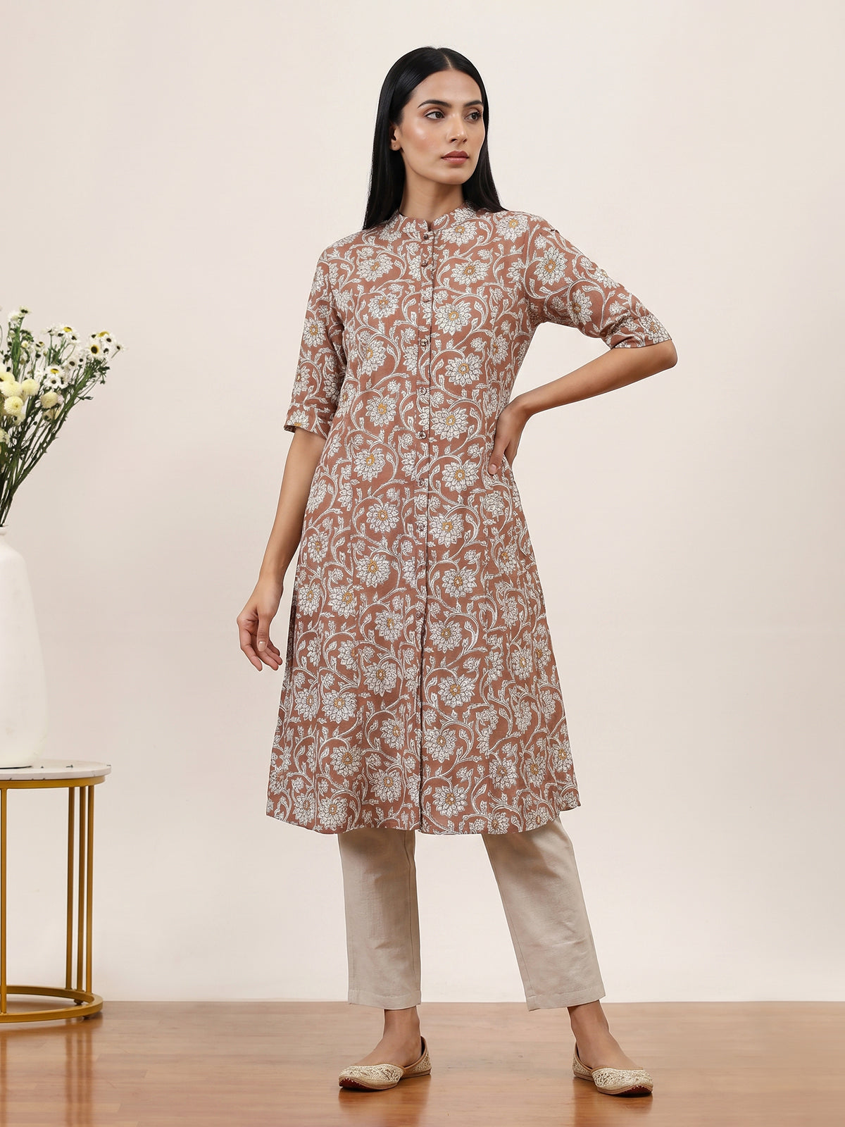 Brown cotton silk floral printed casual stand collar elbow sleeve kurti