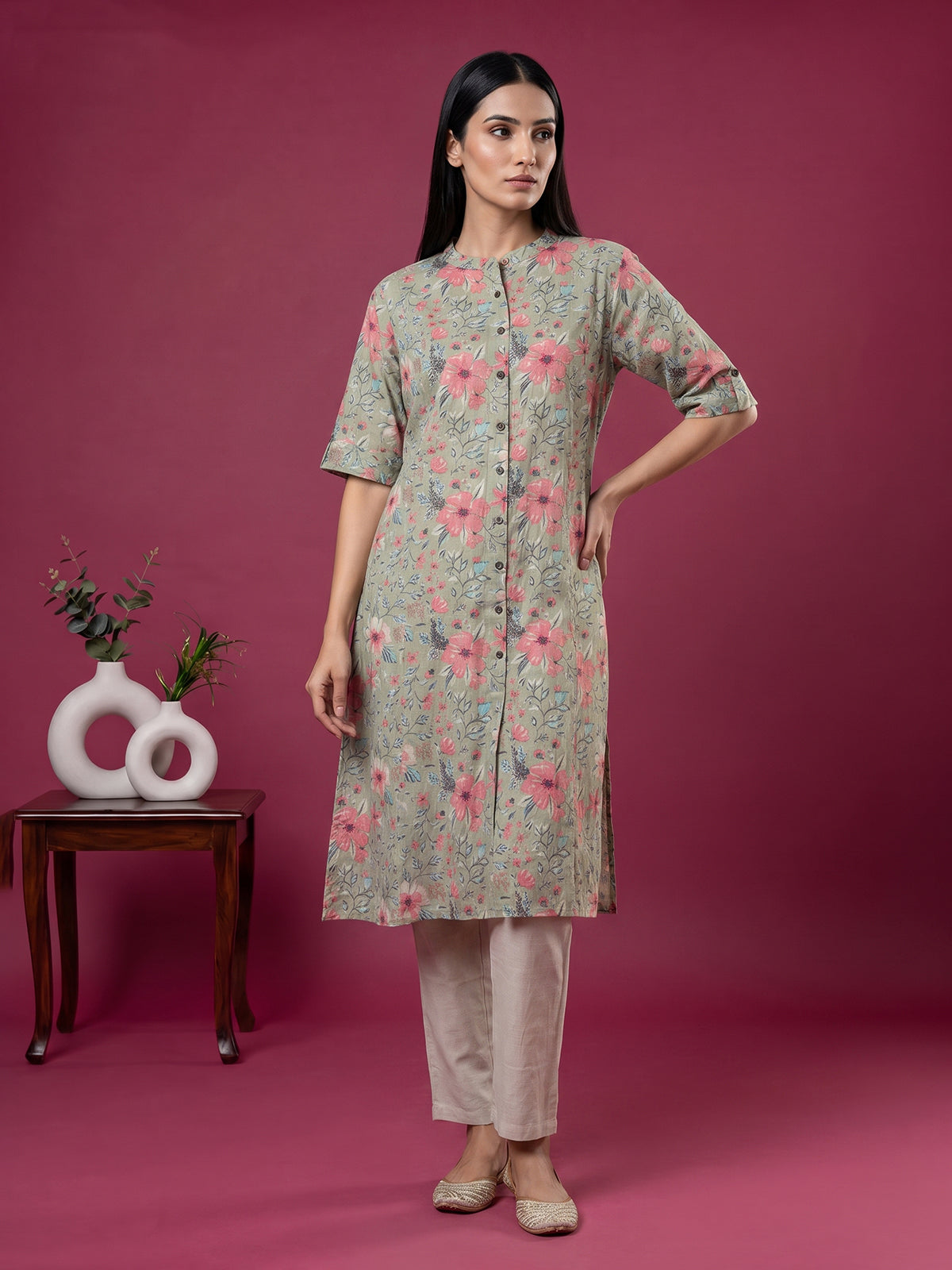 Pista green cotton floral printed casual stand collar elbow sleeve kurti