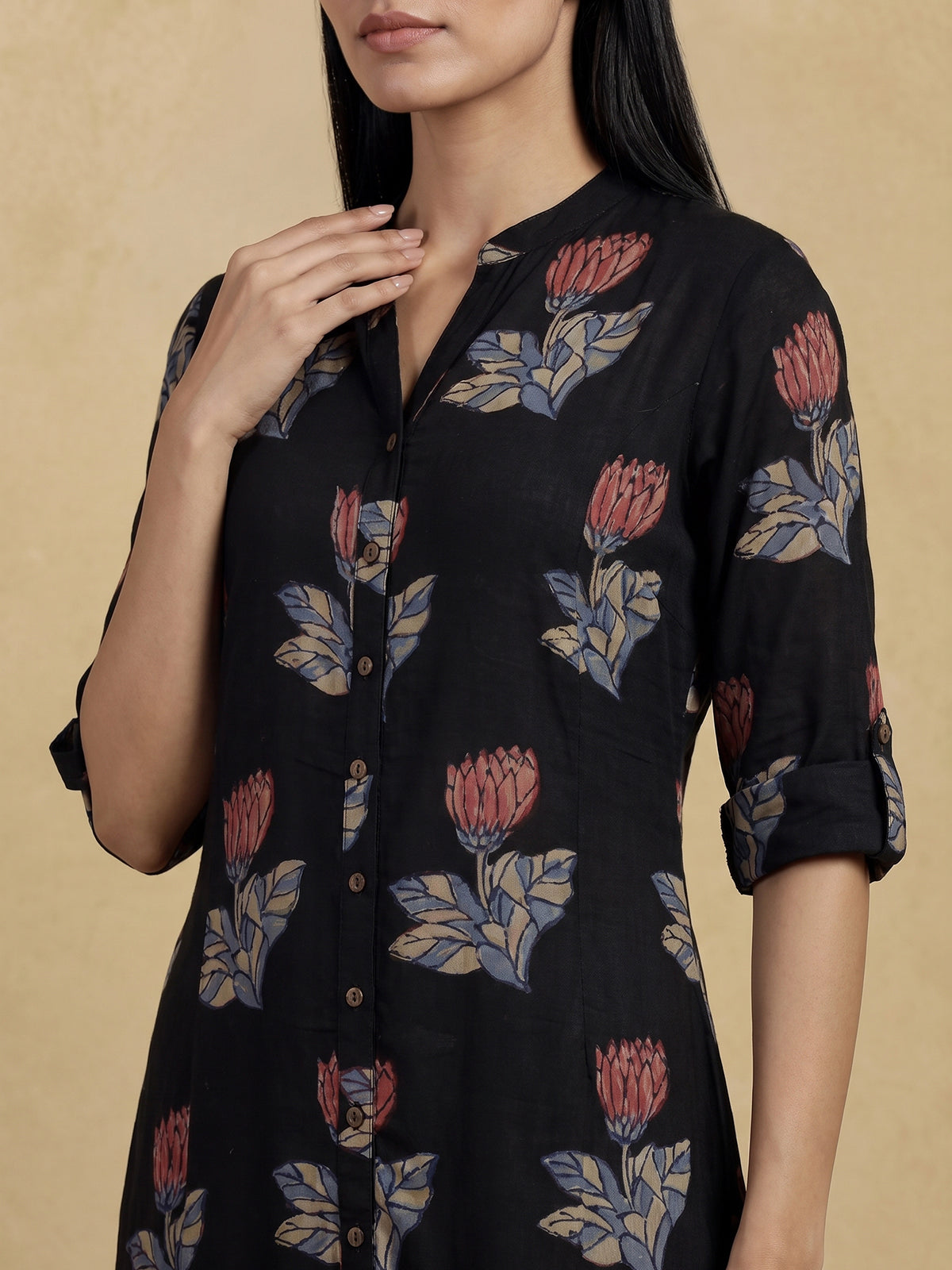 Black cotton silk floral printed classic stand collar casual kurti