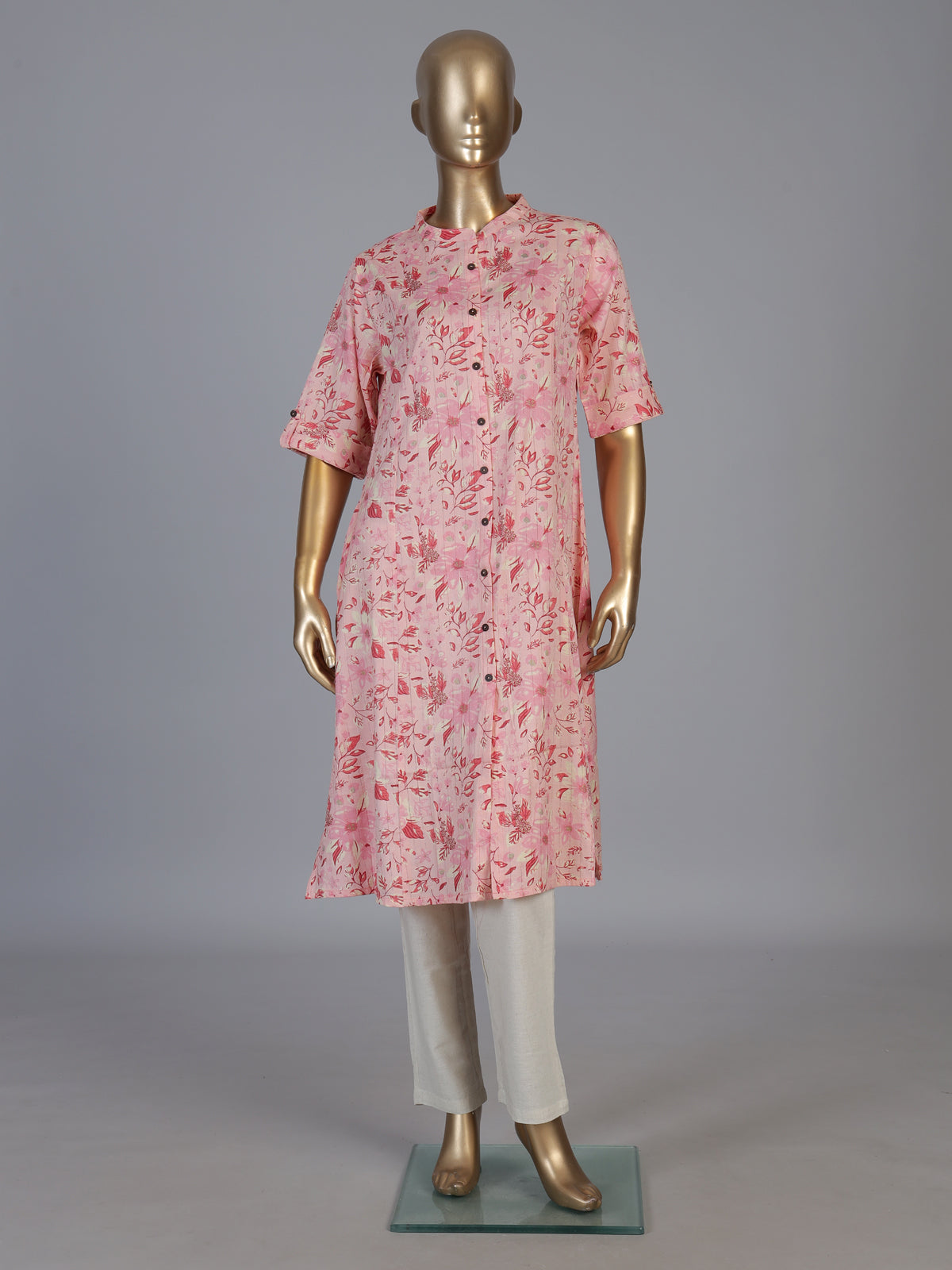 Pink cotton floral printed casual stand collar elbow sleeve kurti