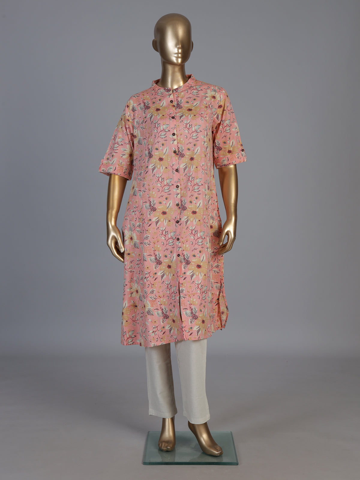 Peach cotton floral printed casual stand collar elbow sleeve kurti