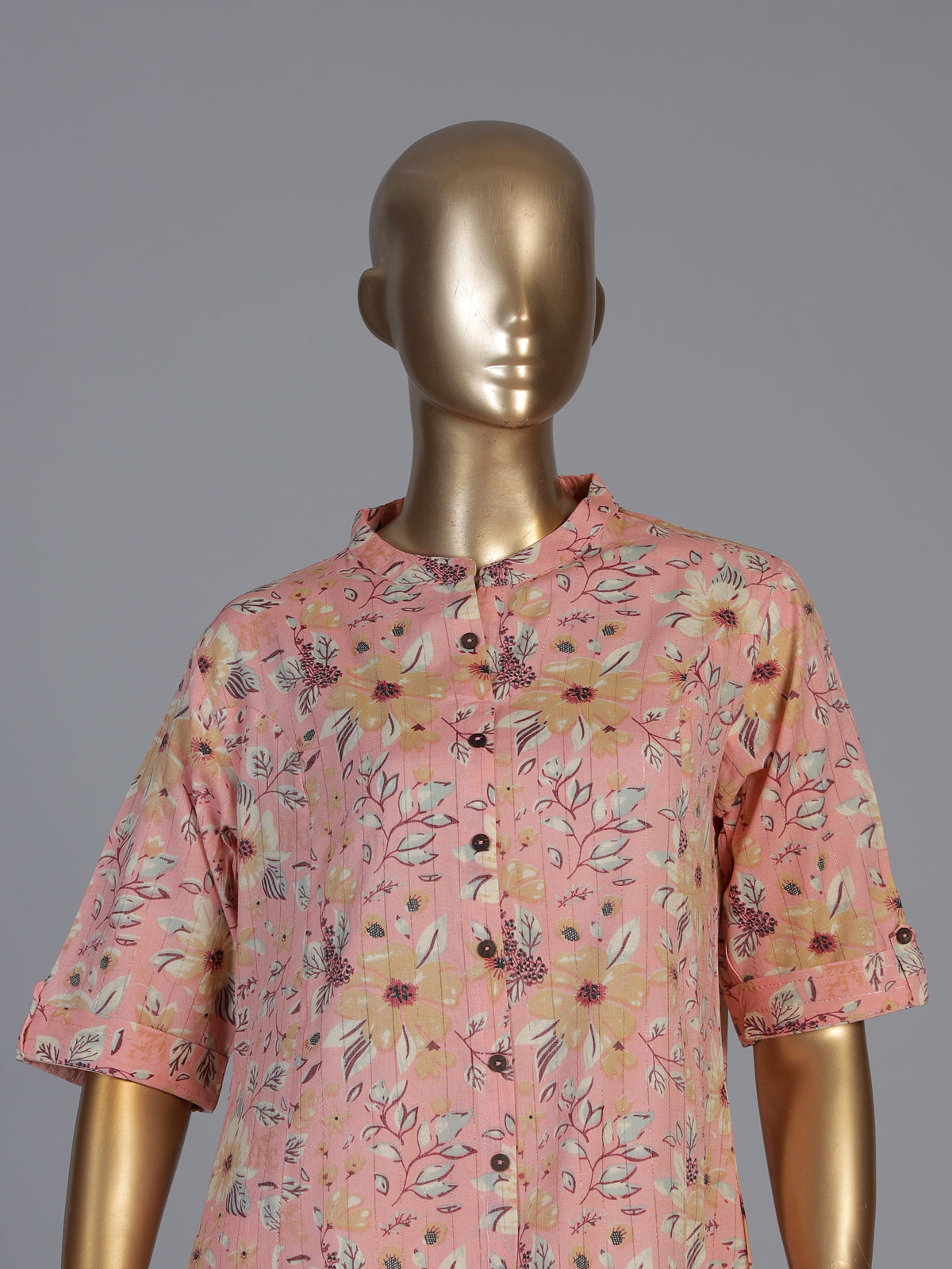 Peach cotton floral printed casual stand collar elbow sleeve kurti
