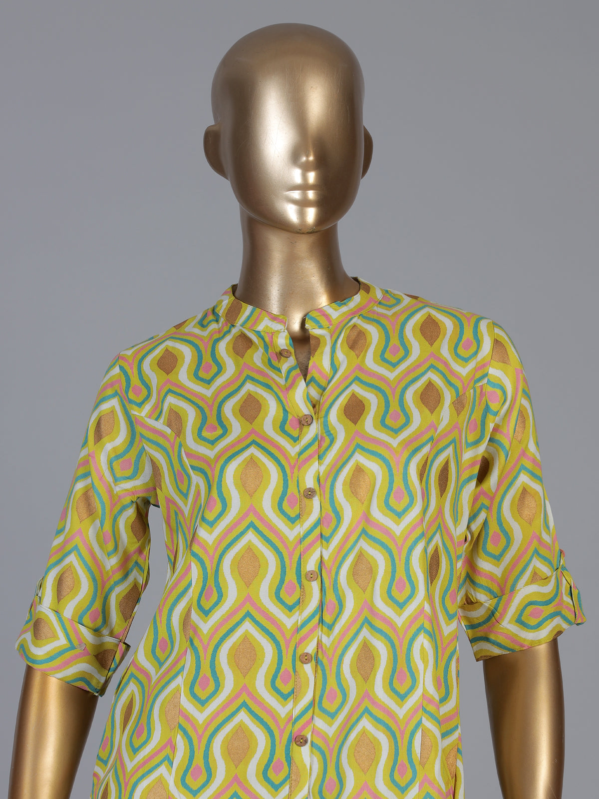 Yellow cotton silk texture printed casual stand collar elbow sleeve kurti