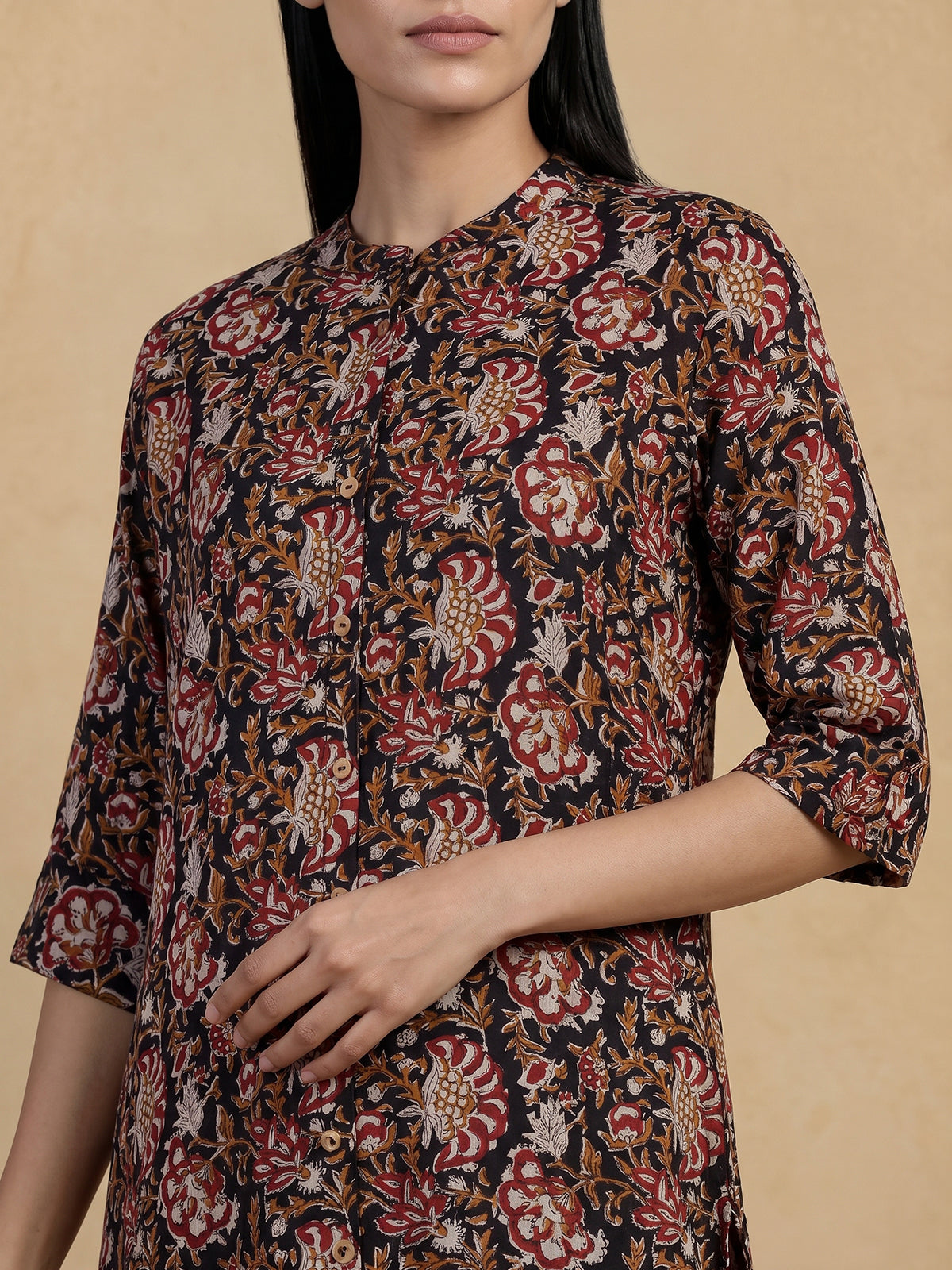 Black cotton silk floral printed elegant stand collar casual kurti