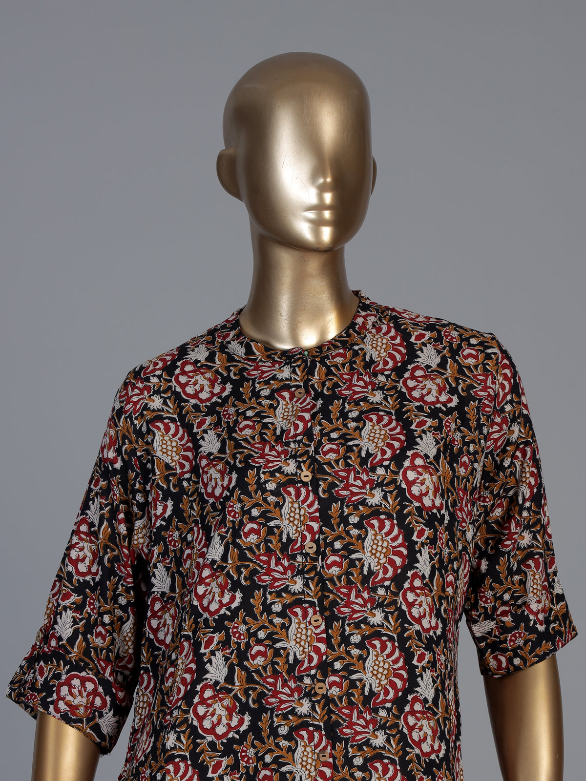 Black cotton silk floral printed elegant stand collar casual kurti