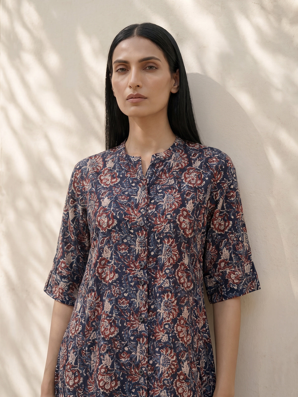 Navy cotton silk floral printed casual stand collar elbow sleeve kurti