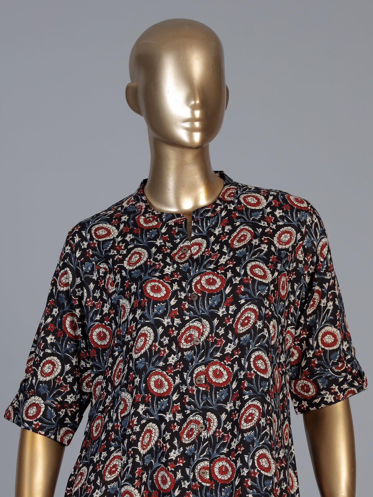 Black cotton silk floral printed casual stand collar elbow sleeve kurti for women