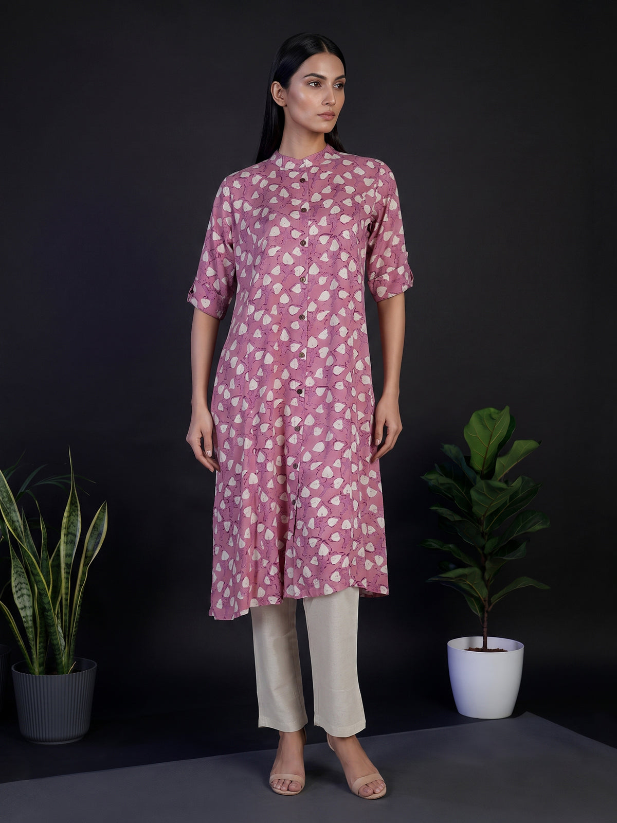 Lavender purple cotton silk floral printed stand collar casual elegant kurti
