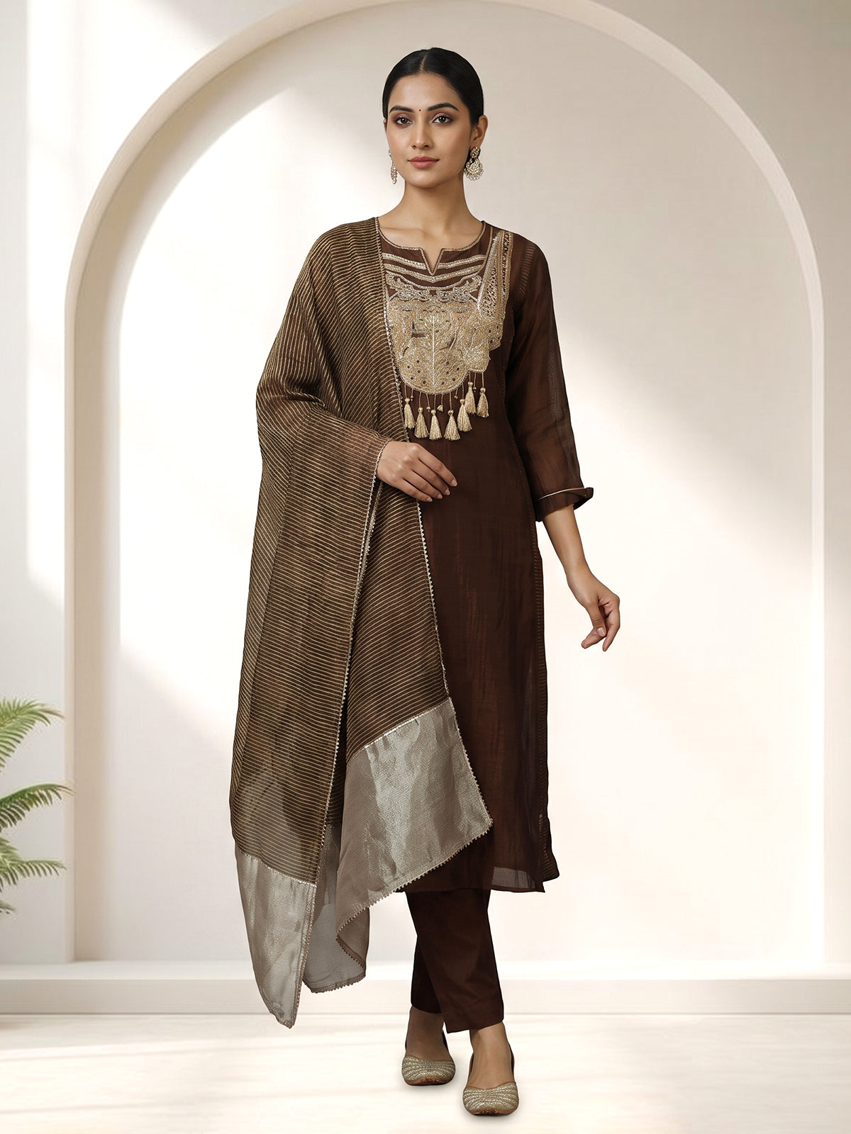 Dark brown tissue silk anarkali salwar suit with stylish dupatta pant