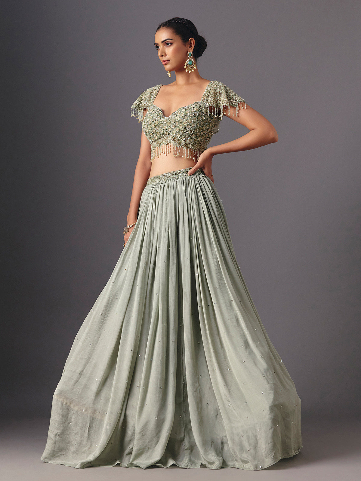 Sage green chiffon georgette designer lehenga choli for party wear