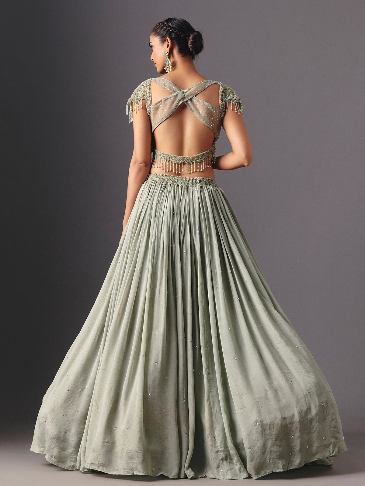 Sage green chiffon georgette designer lehenga choli for party wear