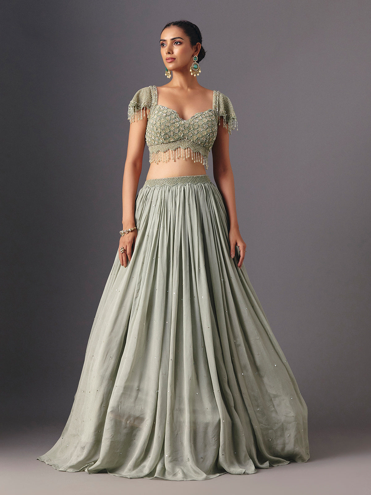 Sage green chiffon georgette designer lehenga choli for party wear