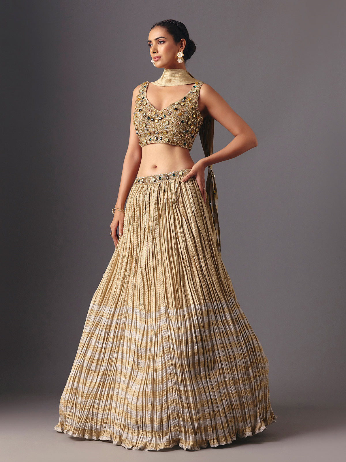 Pastel beige silk designer lehenga choli with elegant dupatta style