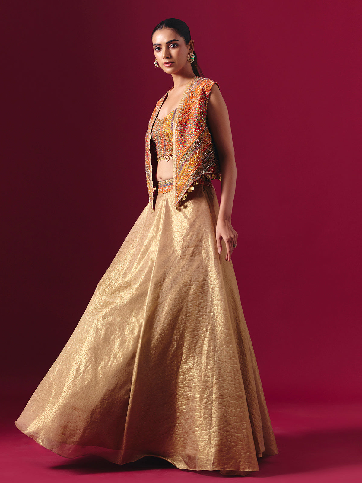 Orange and gold tissue silk jacket style designer lehenga choli
