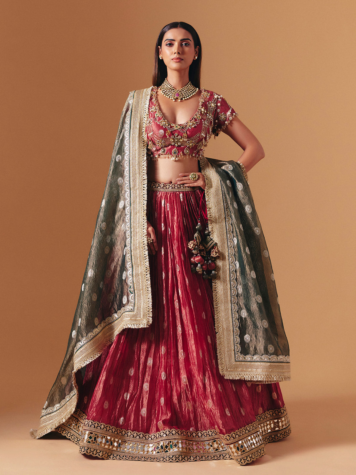 Maroon crushed tissue silk designer lehenga choli with contrast dupatta