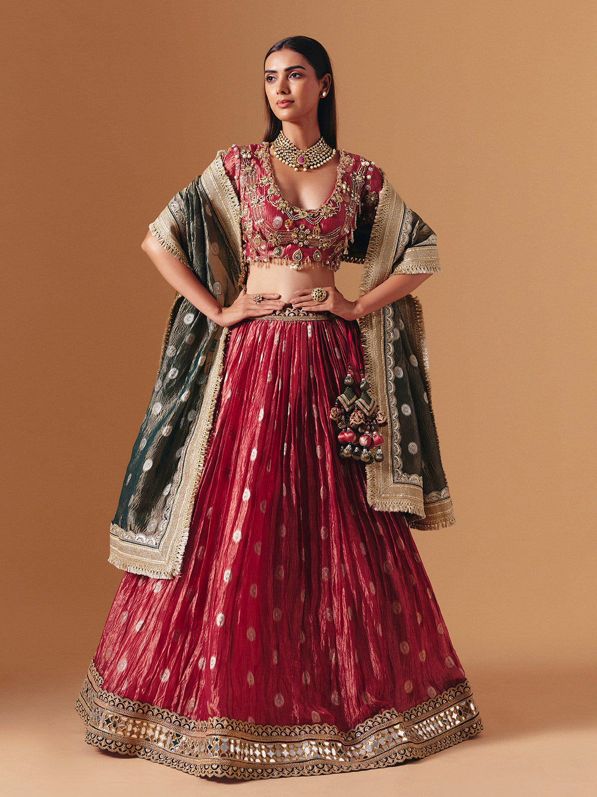 Maroon crushed tissue silk designer lehenga choli with contrast dupatta